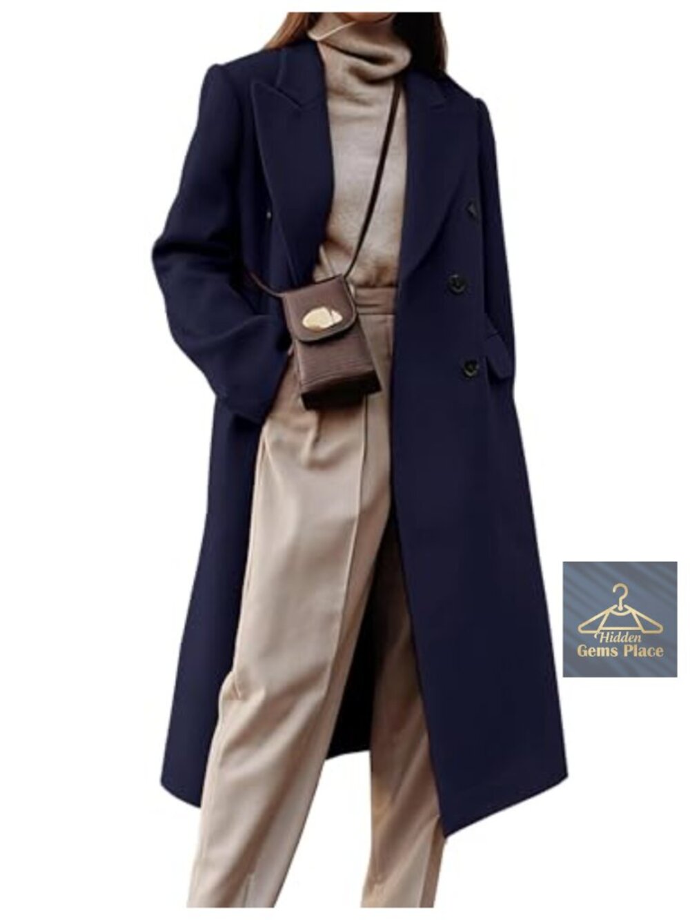 Womens Long Wool Blend Pea Coat Double Breasted Trench Overcoat